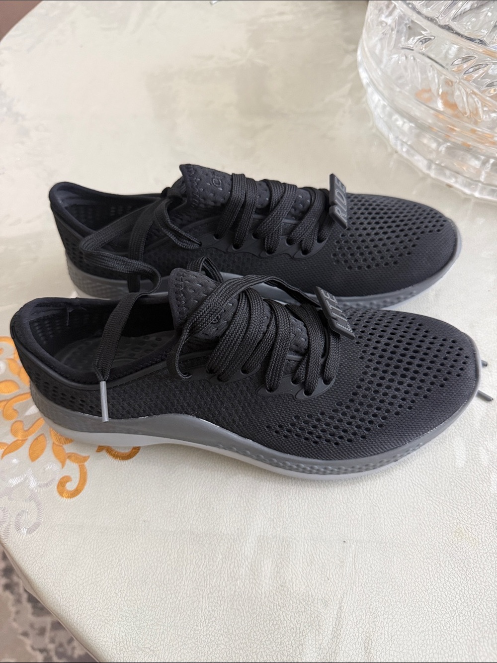 CROCS Women's Black Knit Lace-Up Athletic Sneakers with Gray Sole